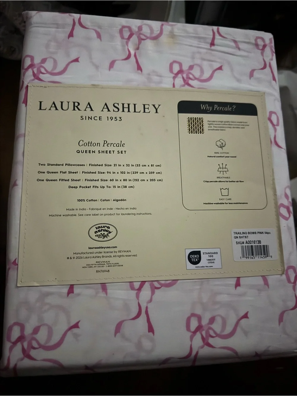 Laura Ashley Cotton Percale Sheet Set in Pink Ribbon Motif